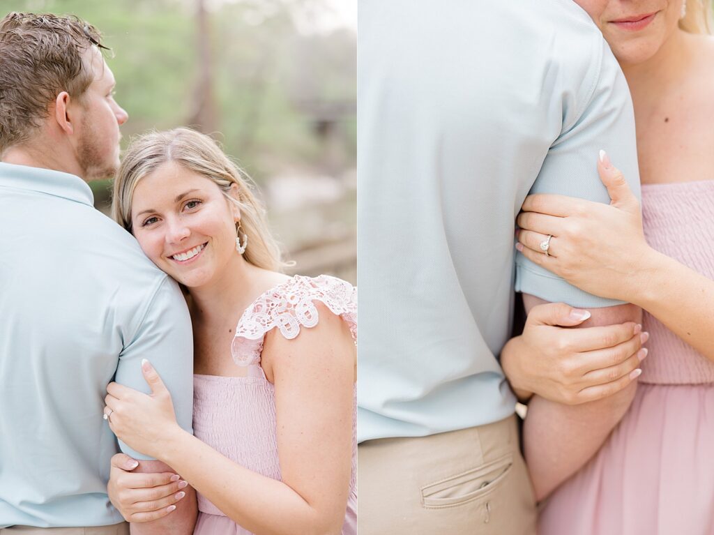 Showing off her diamond ring during their engagement session.