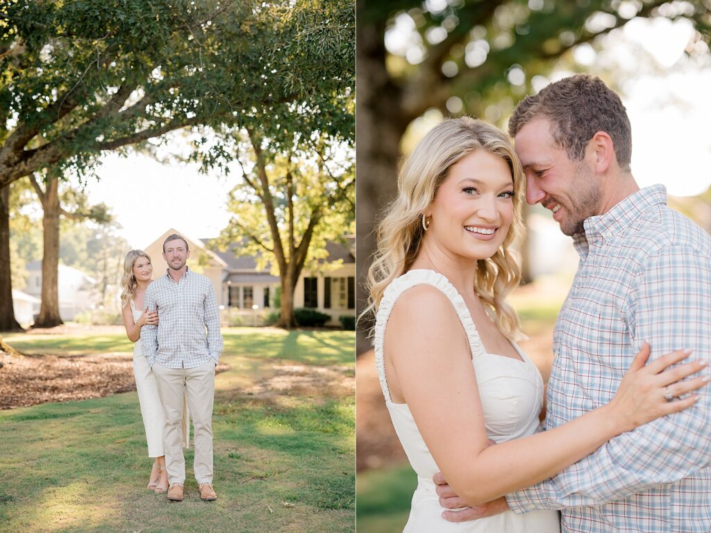 Engaged couple smiling during Madison, MS engagement session at the Montgomery House by Lindsay Ott Photography.