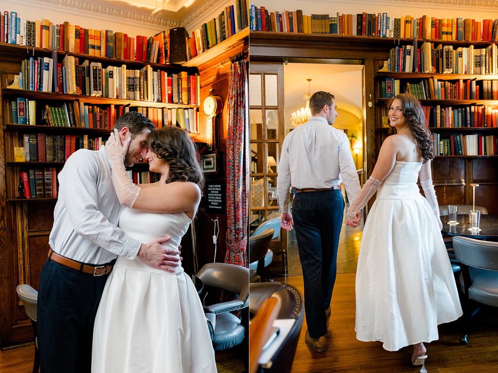 Fun-loving Fairview Inn Engagement Session in Mississippi by Lindsay Ott Photography.  Engaged couple in library indoors.